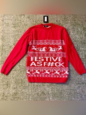 NWT Holiday Sweater W/Seasonal Statement Red w/White BOOHOO MAN Brand. UNISEX